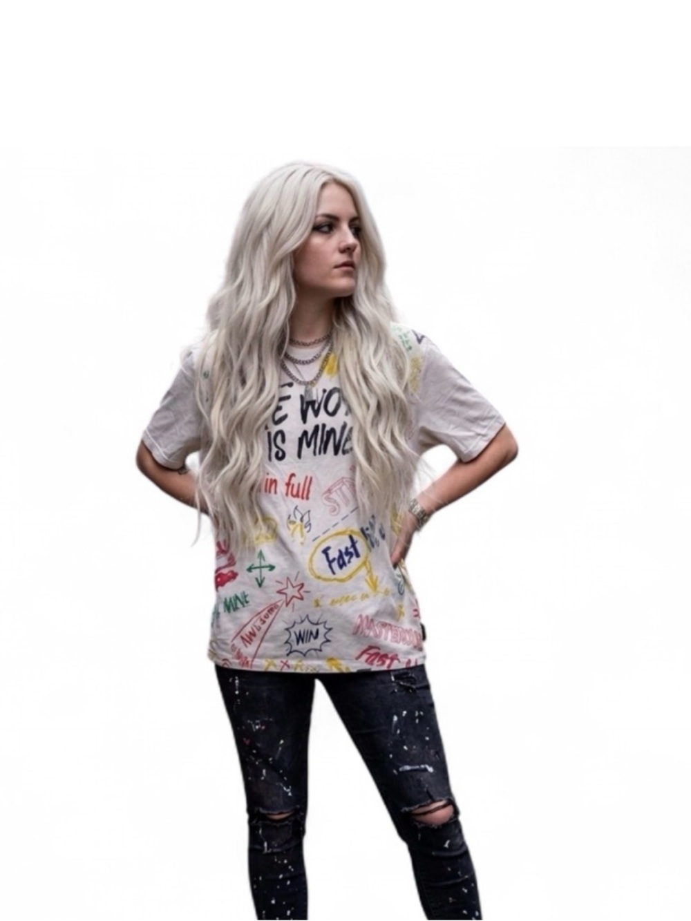 Graphic Short Sleeve Tee in White with Multi-Color Print
